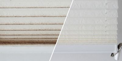 Vorher-Nachher-Vergleich von Schimmelflecken auf einem Plissee